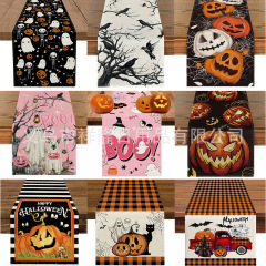 国境を越えた起爆ハロウィーンテーブル旗カボチャ幽霊頭蓋亜麻プリントテーブルクロス祝日パーティーシーン装飾