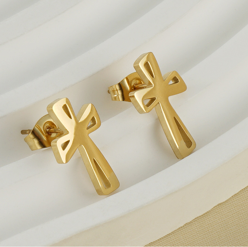 304 Stainless Steel Material Cross Pattern Women'S Gender 1 Pair Fashion Cross Plating 304 Stainless Steel 18K Gold Plated Stainless Steel Earrings