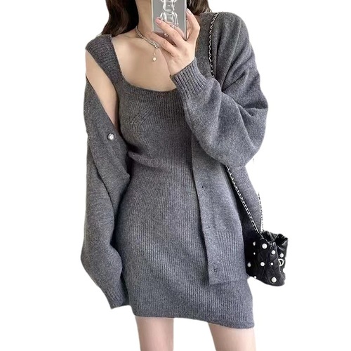Korean Chic Autumn/Winter Retro Cardigan Long-Sleeve Knitted Sweater Coat + Square-Neck Slimming Strap Dress