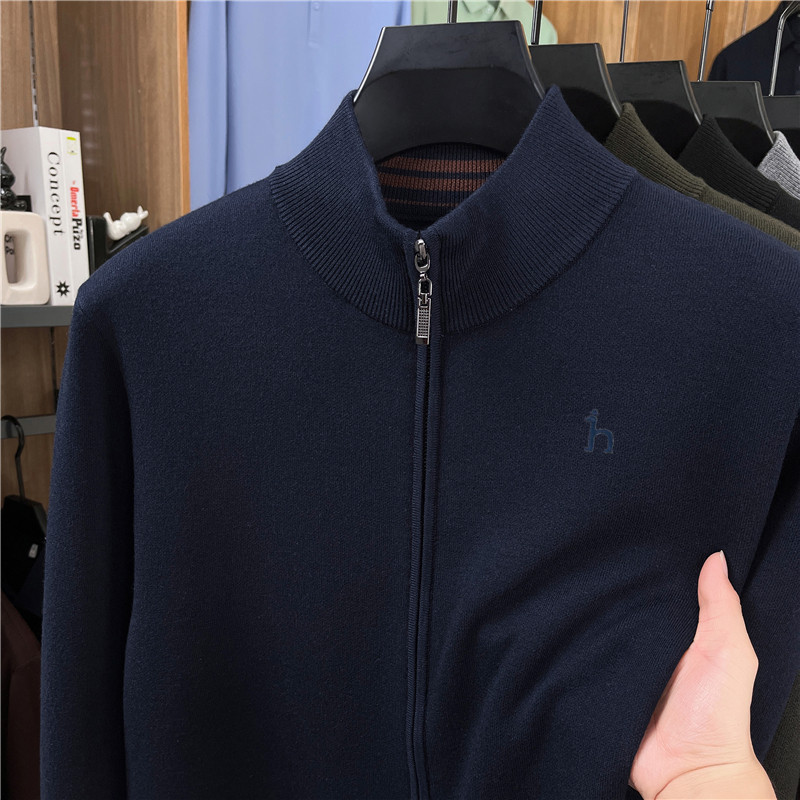 Áo len cardigan nam Haggis 100% len dày dặn có khóa kéo dệt kim cổ đứng — màu đen