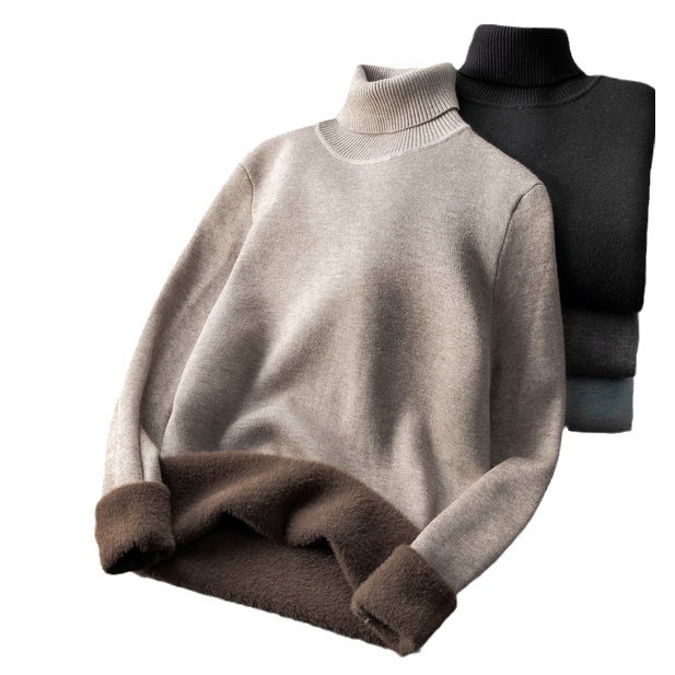 High necked sweater for men in autumn and winter, with added plush and thick base for warm knit sweater, new 2023 sweater