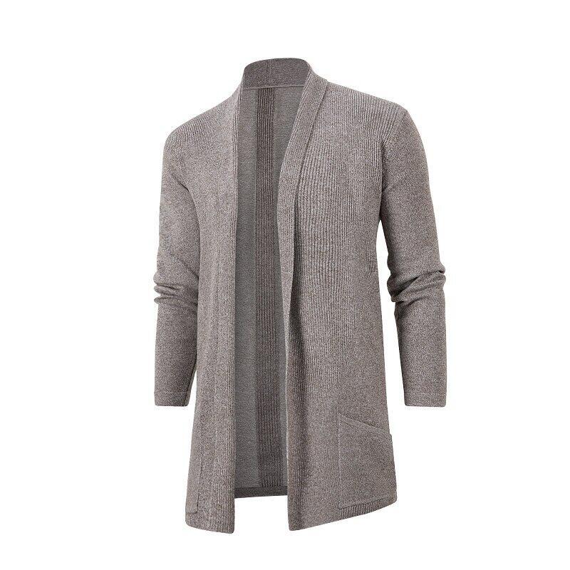 Men's Clothing Men's Casual Long Sleeve Knit Cardigan With Lapel Collar, Slim Fit Mid-Length Open Front Sweater For Stylish Urban Wear_voghion.com