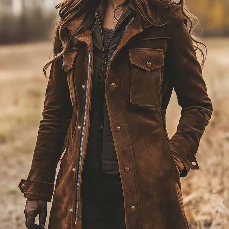 Cross-Border Autumn and Winter Retro Coat for Women, Brown Suede Casual Jacket with Lapel, Warm and Stylish Mid-Length Coat Cross-Border Autumn and Winter Retro Coat for Women, Brown Suede Casual Jacket with Lapel, Warm and Stylish Mid-Length Coat