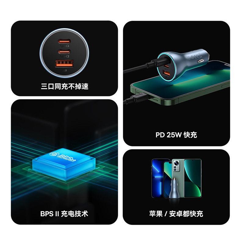 BaseUs Jindian PRO Three Fast Charging Car Charger U+c+c 65W High PoWer Fast Charging ExqUisite and Compact
