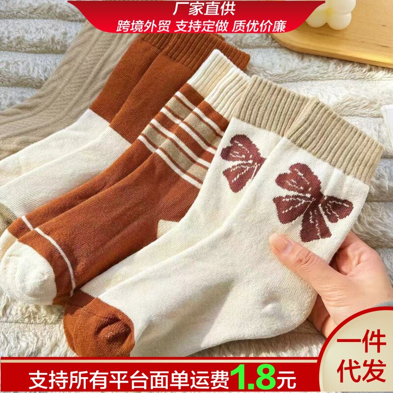 秋季款日系ins潮保暖中筒袜冬季外穿加厚甜美毛圈袜蝴蝶结袜子女|undefined