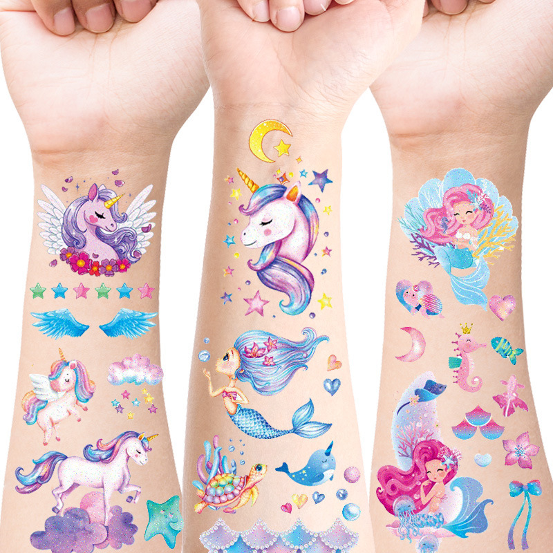 Cross-border in stock tattoo stickers glitter dreamy unicorn mermaid small fresh children boys girls safety temporary
