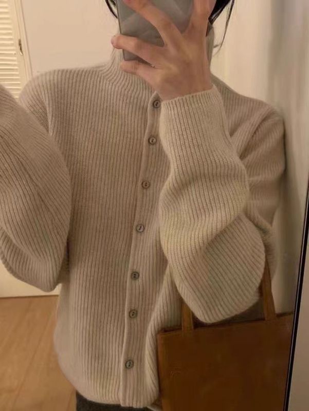小众别致！100%羊毛针织开衫女立领短款秋季宽松翻领羊绒外套上衣|undefined