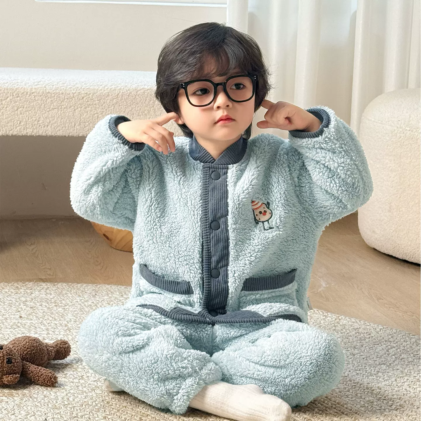 儿童睡衣秋冬加厚男童舒棉绒家居服套装宝宝外穿保暖加厚衣服A类