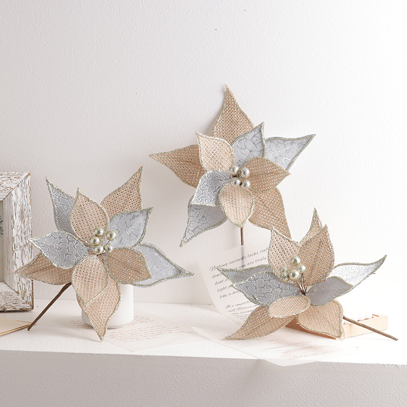 Madera de alta calidad árbol de Navidad flor falsa tela de lino hecha a mano flores de Navidad coronas de flores de boda decoración de caña