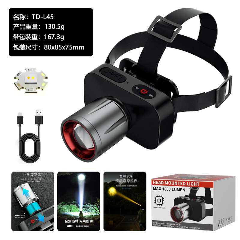 Luz transfronteriza al aire libre luz de larga duración luz delantera super brillante doble fuente de luz láser blanco zoom portador de antorcha de pesca lámpara de minería