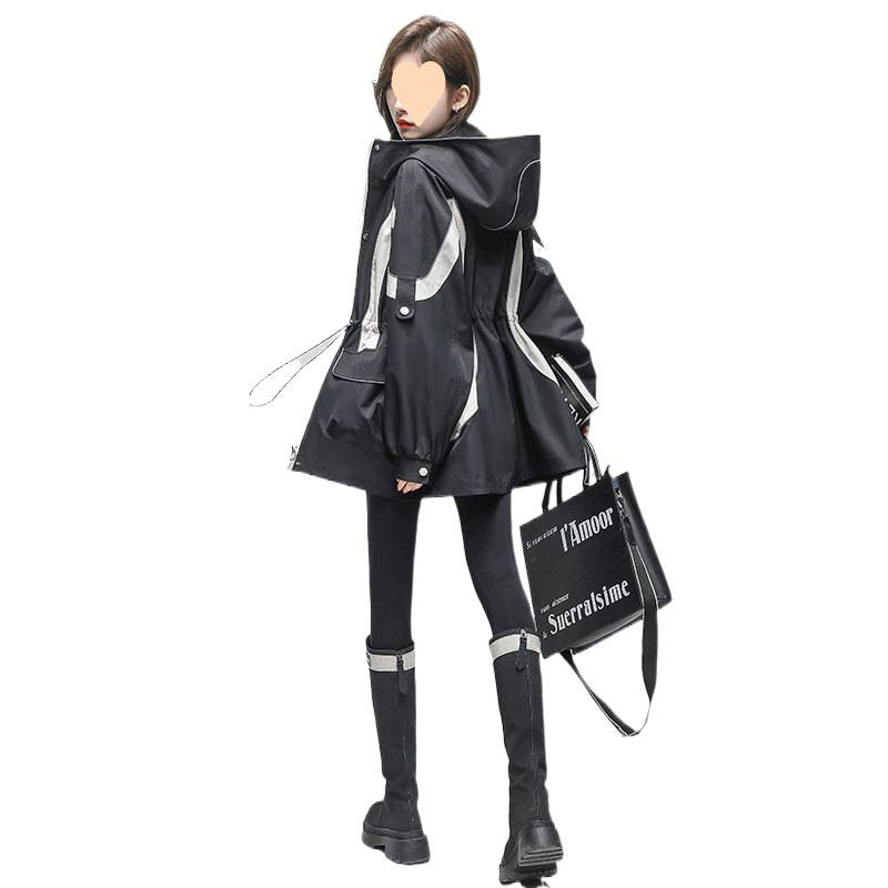 时尚撞色冲锋衣外套女2025春秋季新款收腰显瘦中长款休闲连帽风衣|undefined