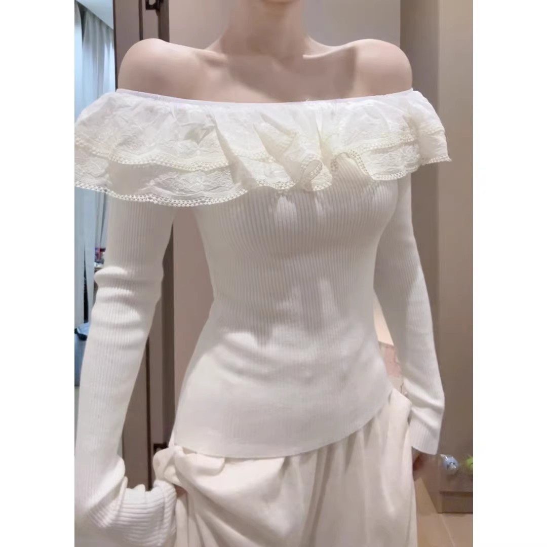 올가을 신상 순욕풍 일자 어깨 레이스 니트 상의 여자 가을 신상 슬림핏 허