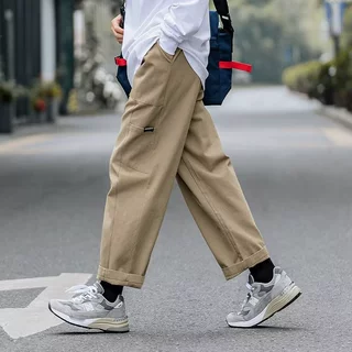 春秋日系工装裤男松紧抽绳腰多口袋贴标阔腿直筒裤男休闲长裤