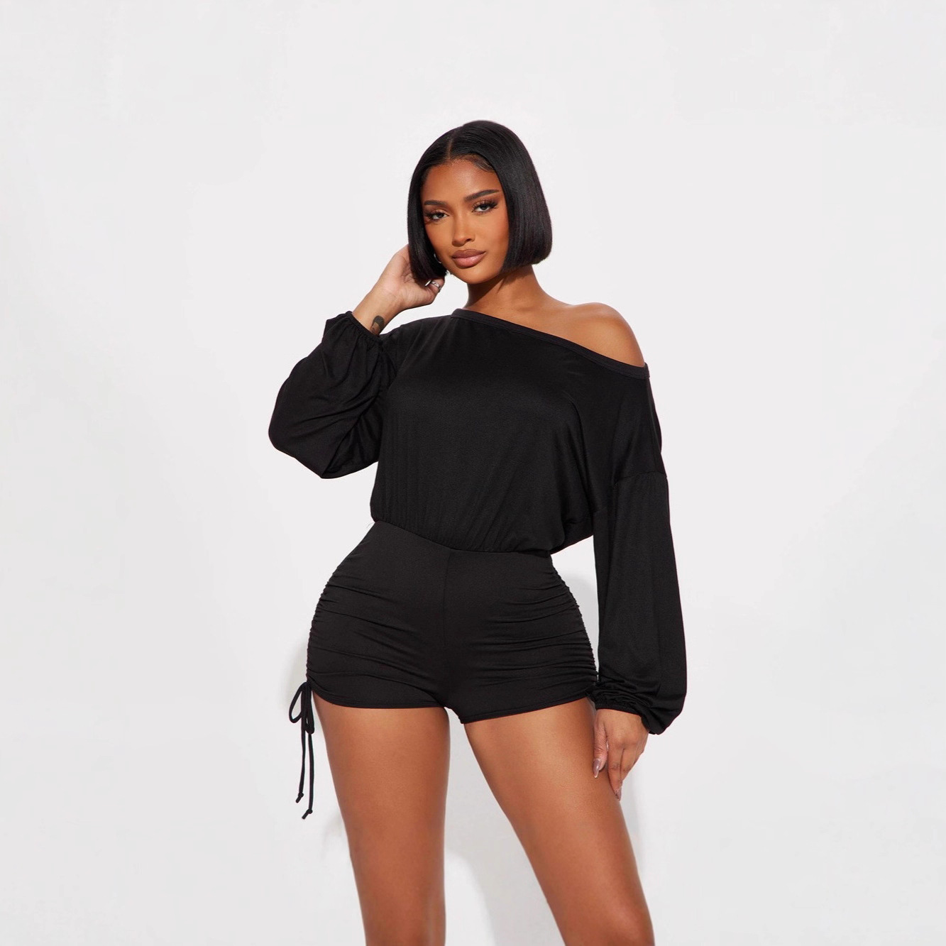 Amazon Europa y América de moda transfronteriza ropa de mujer casual una palabra cuello abierto hombro manga larga pliegue de cuerda de tracción cintura junkie image 8
