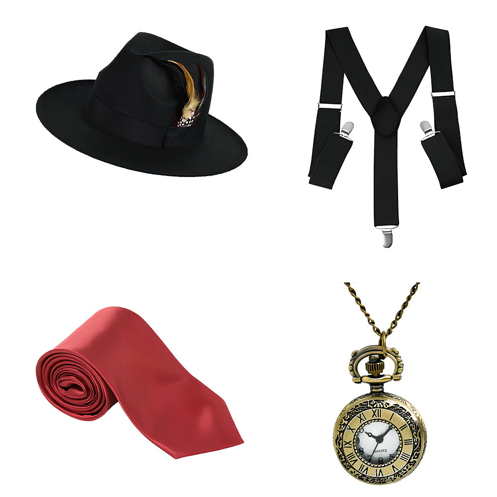 1920s Gatsby Party Dress Up Correa Reloj de bolsillo Barba falsa Traje Vestido de moda Sombrero de copa Corbata Años 20
