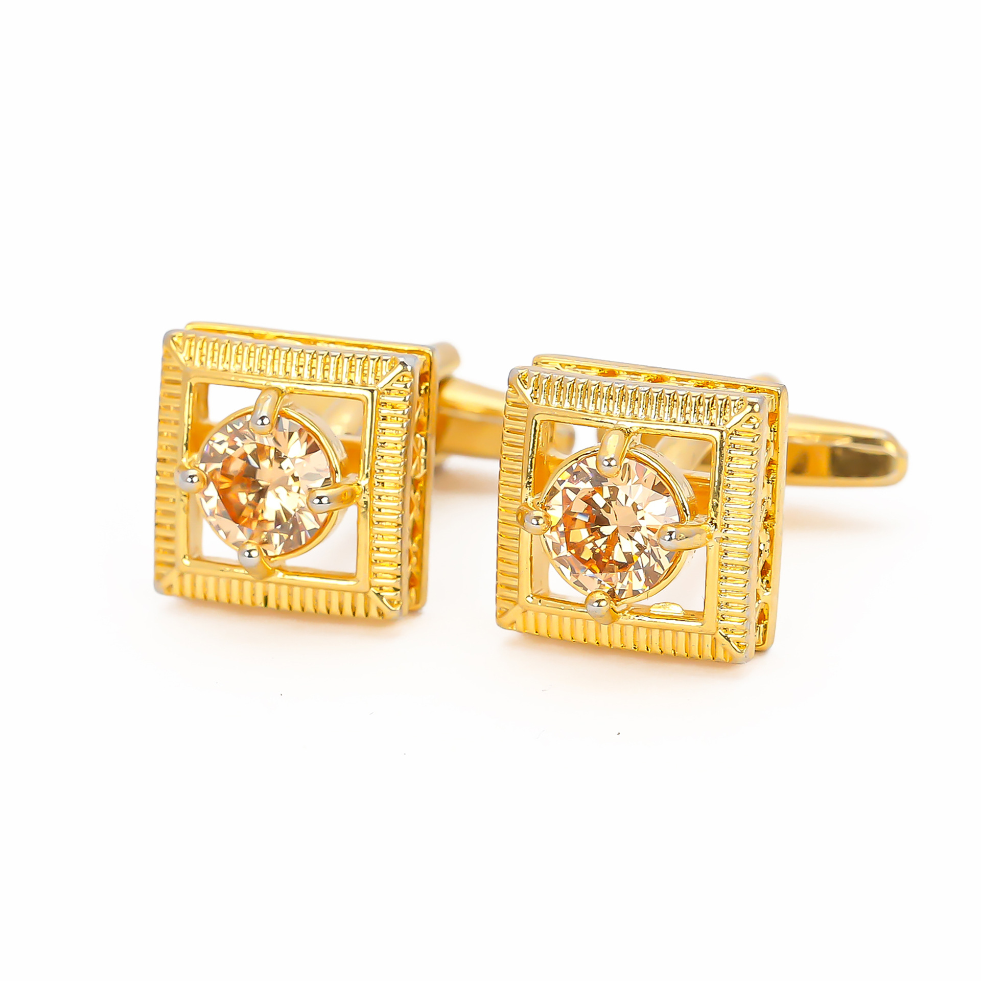 Men's French Cufflinks High Quality Cross-Border Hot Selling Light Luxury Champagne Color Zircon Square Gold Jewelry Ready for Sale Wholesale