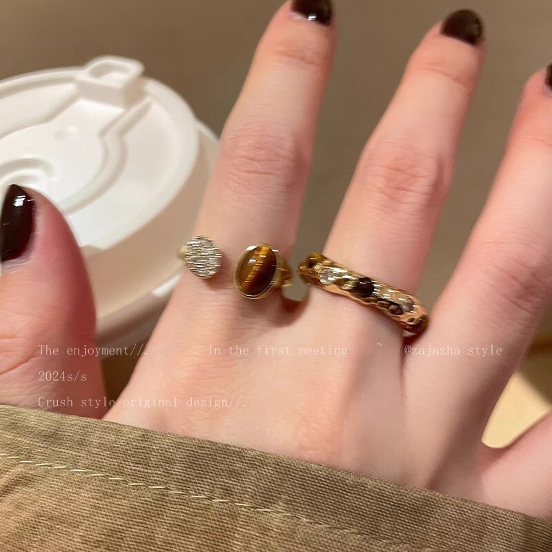 美拉德蛇形虎眼石开口戒指女独特小众设计感食指戒复古时尚手饰品|undefined