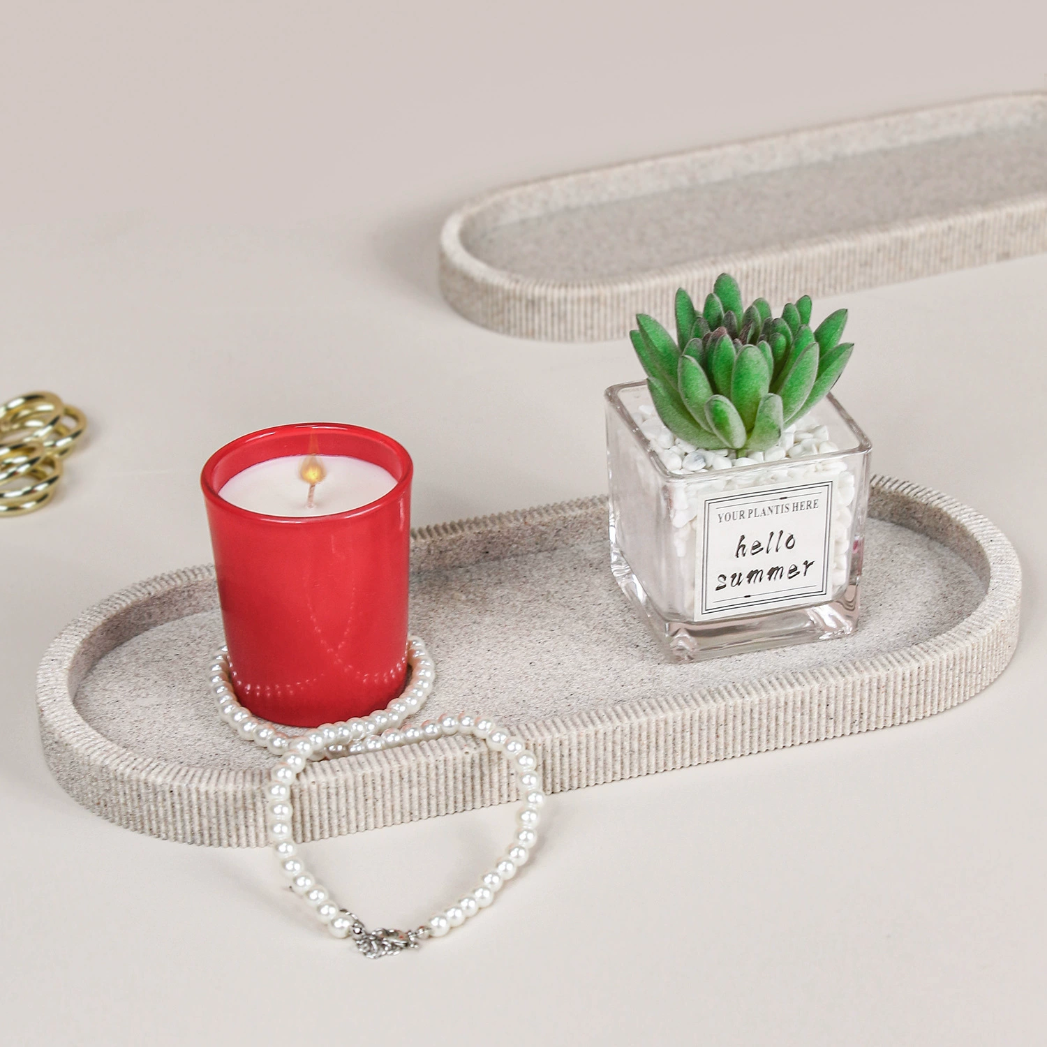 毛巾盘椭圆盘餐厅首饰收纳盘 树脂条纹砂石家居酒店小托盘极简
