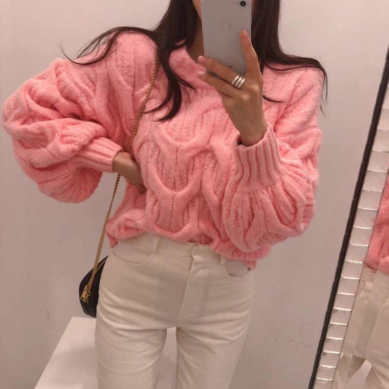 Linterna puff manga cuello redondo Twist pullover mujeres otoño y el invierno estilo perezoso coreano flojo grueso trenzado suéter image 12