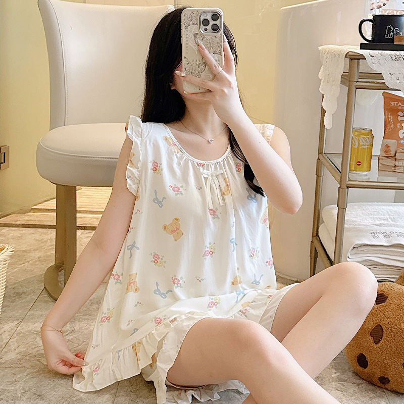 Pajamas for Women Summer Cotton Silk Thin Suspenders Sexy Cotton Silk Home Clothes Sweet Shorts Two-Piece Suit Air-Conditioned Clothes Summer