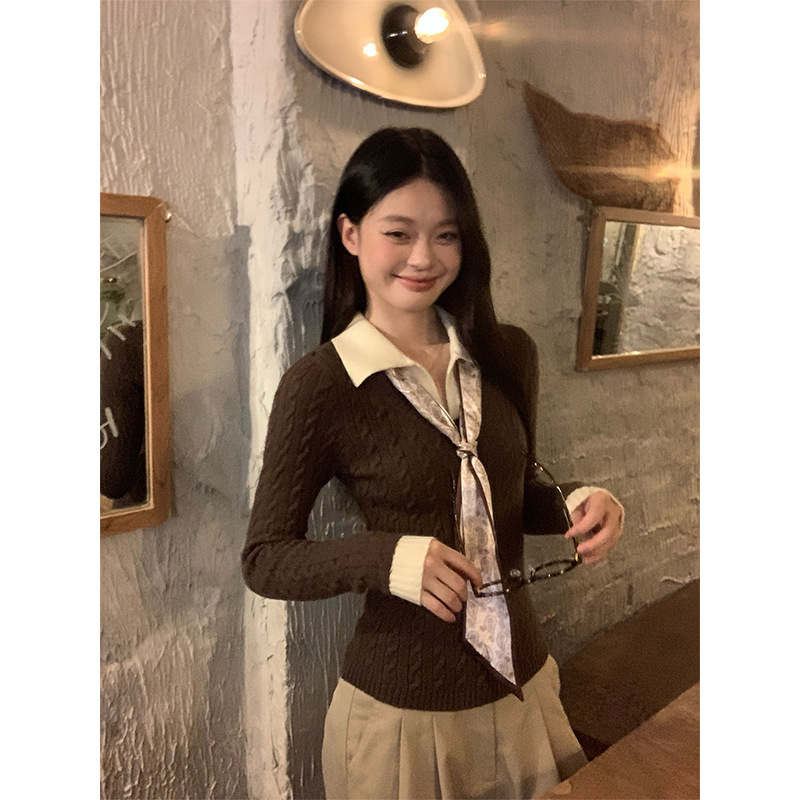 Official Image Special Price Sheep Wool Knitwear Trendy Faux Two-Piece Top Women's Autumn and Winter Jacquard Polo Collar Warm Sweater Official Image Special Price Sheep Wool Knitwear Trendy Faux Two-Piece Top Women's Autumn and Winter Jacquard Polo Collar Warm Sweater