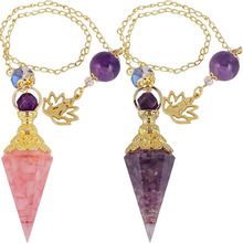 欧美跨境外贸新品 天然水晶碎石树脂镀金六角锥灵摆吊坠瑜伽配饰