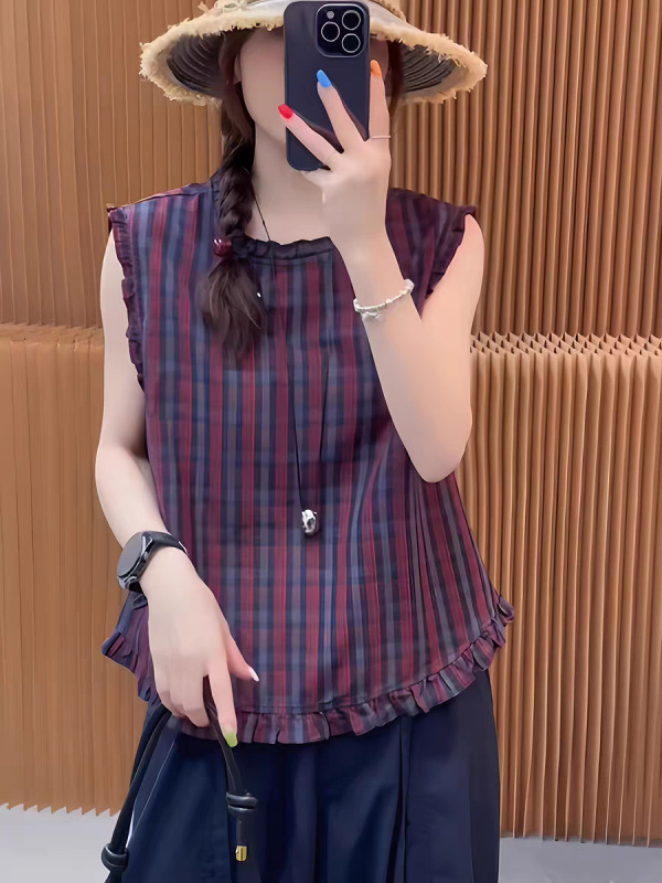 2025夏季新款韩版木耳边甜美背心无袖衬衫女宽松显瘦百搭减龄上衣|undefined