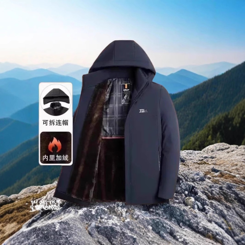 Parker's New Business Casual Cotton Tops for Middle-Aged and Elderly People, Warm Mid-Length Jackets with Removable Hats