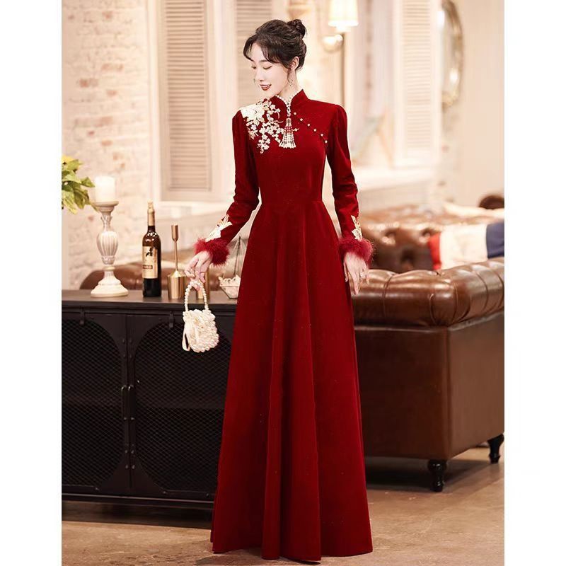 Cheongsam Toast Dress Bride Autumn and Winter Red Light Luxury Engagement Wedding Casual Shawl Small Evening Dress for Women