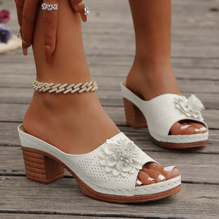 Cross-Border Export Flower High-Heeled Slippers for Women 2025 Summer New Fashion Casual Fish Mouth Thick Heel Sandals for Women