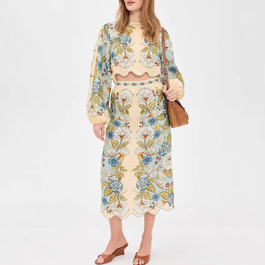 Completo da donna primavera/estate a due pezzi con gonna e top a maniche lunghe e stampa, vestibilità ampia, stile europeo/americano._voghion.com
