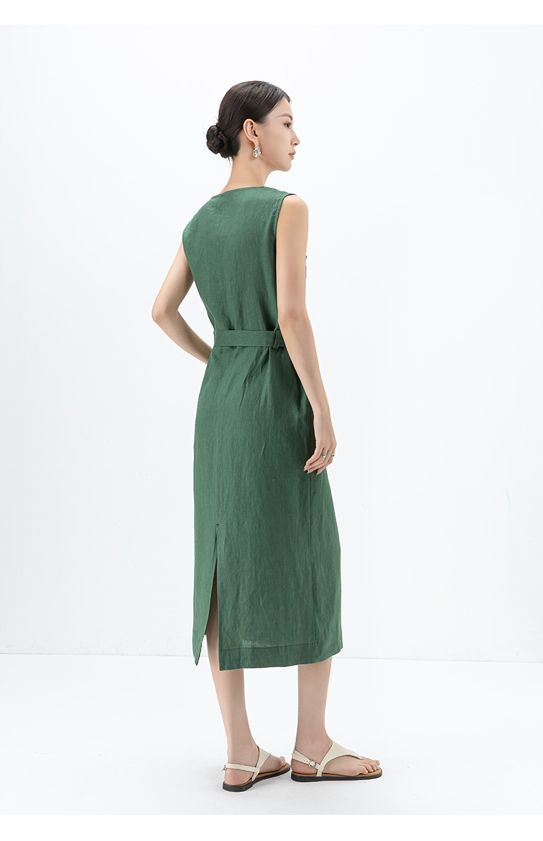 Đầm maxi nữ thắt eo cổ chữ V vải lanh kiểu Pháp — Màu đen chi tiết 22