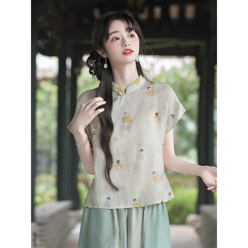 Áo sơ mi in hoa cổ điển kiểu Trung Quốc mùa hè, cổ đứng, tay ngắn, phong cách quốc phong — Áo