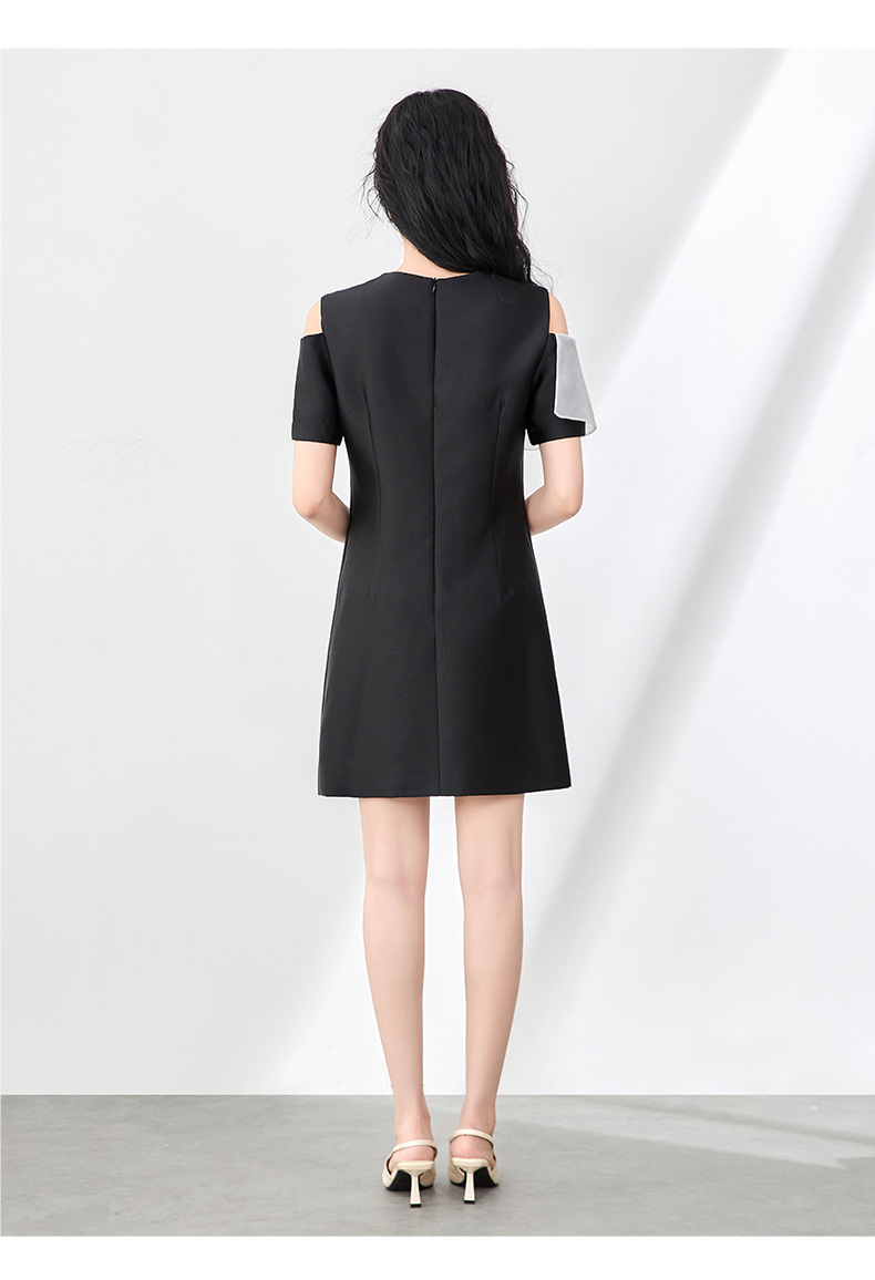 Váy liền nữ lụa phối satin organza tay ngắn thắt eo — Màu đen chi tiết 12