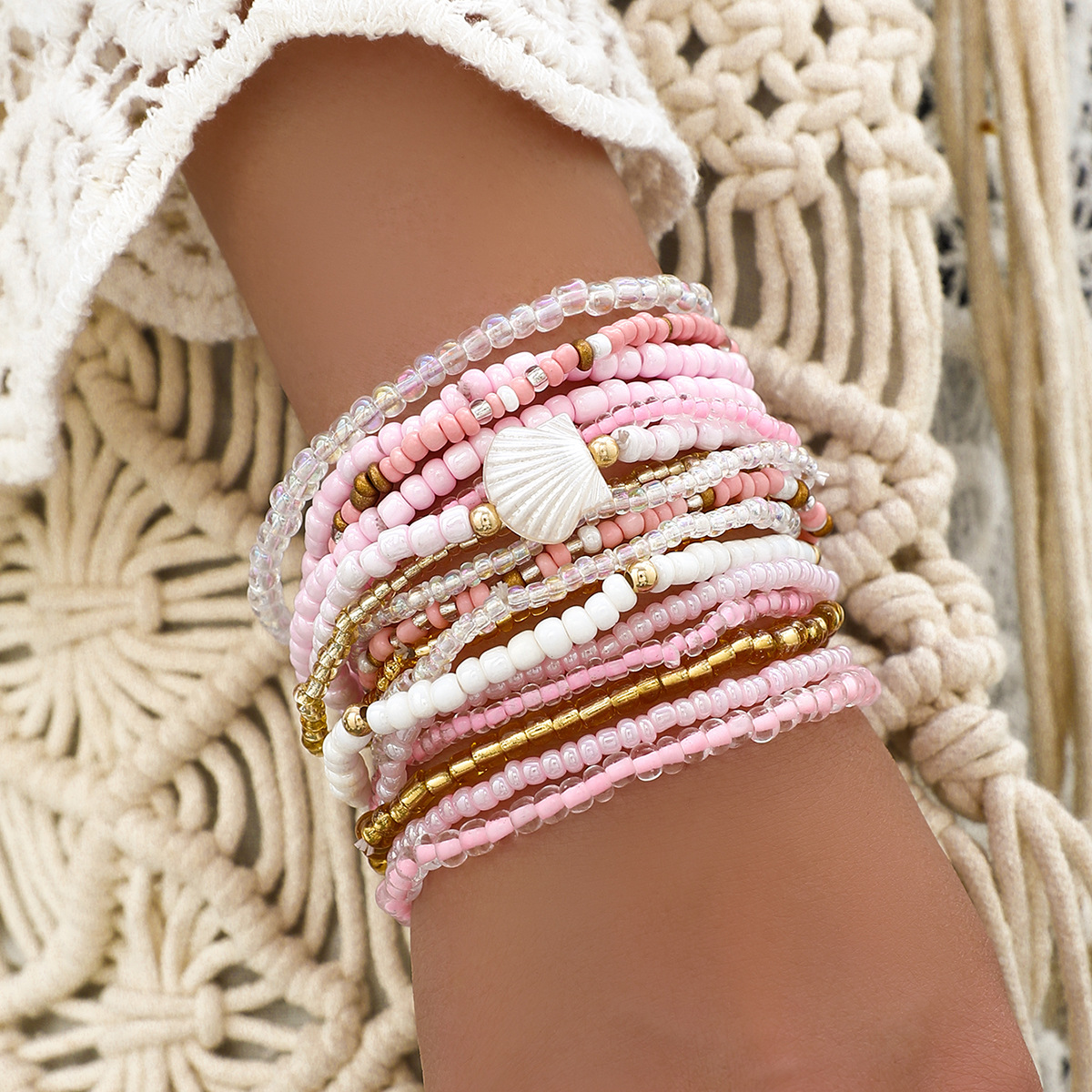 European And American Cross-Border New Hand-Woven Bohemian Style Colorful Beaded Multi-Layer Rice Bead Shell Bracelet_voghion.com