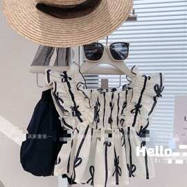 女童夏季甜美方领衬衫儿童韩版洋气上衣潮女宝宝时髦百搭飞袖T恤