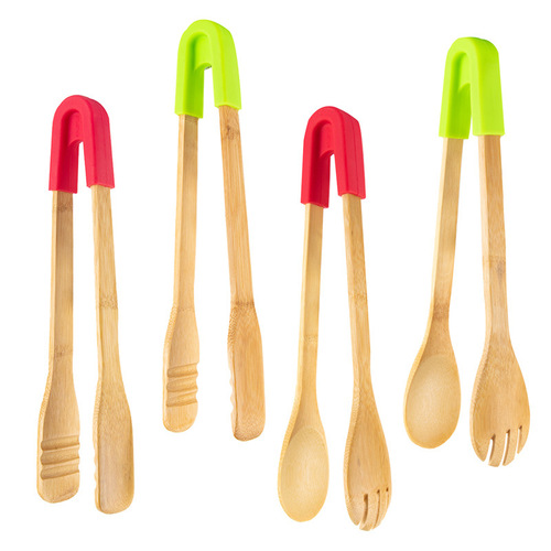 Bamboo food tongs, bread and barbecue tongs, buffet tongs, silicone food tongs, baking tools