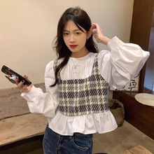 衬衫女装设计感格子拼接假两件秋季2025短款气质法式圆领长袖上衣