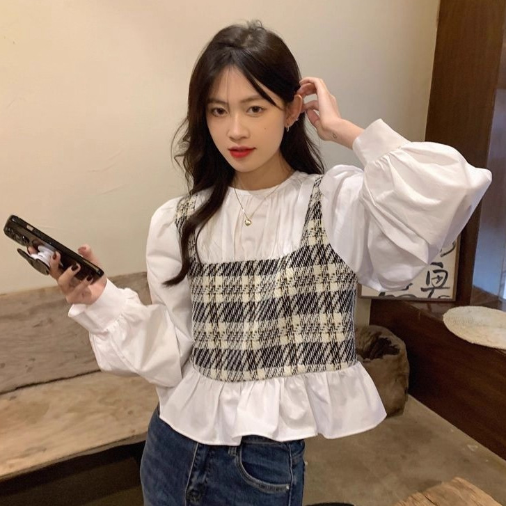 衬衫女装设计感格子拼接假两件秋季2025短款气质法式圆领长袖上衣