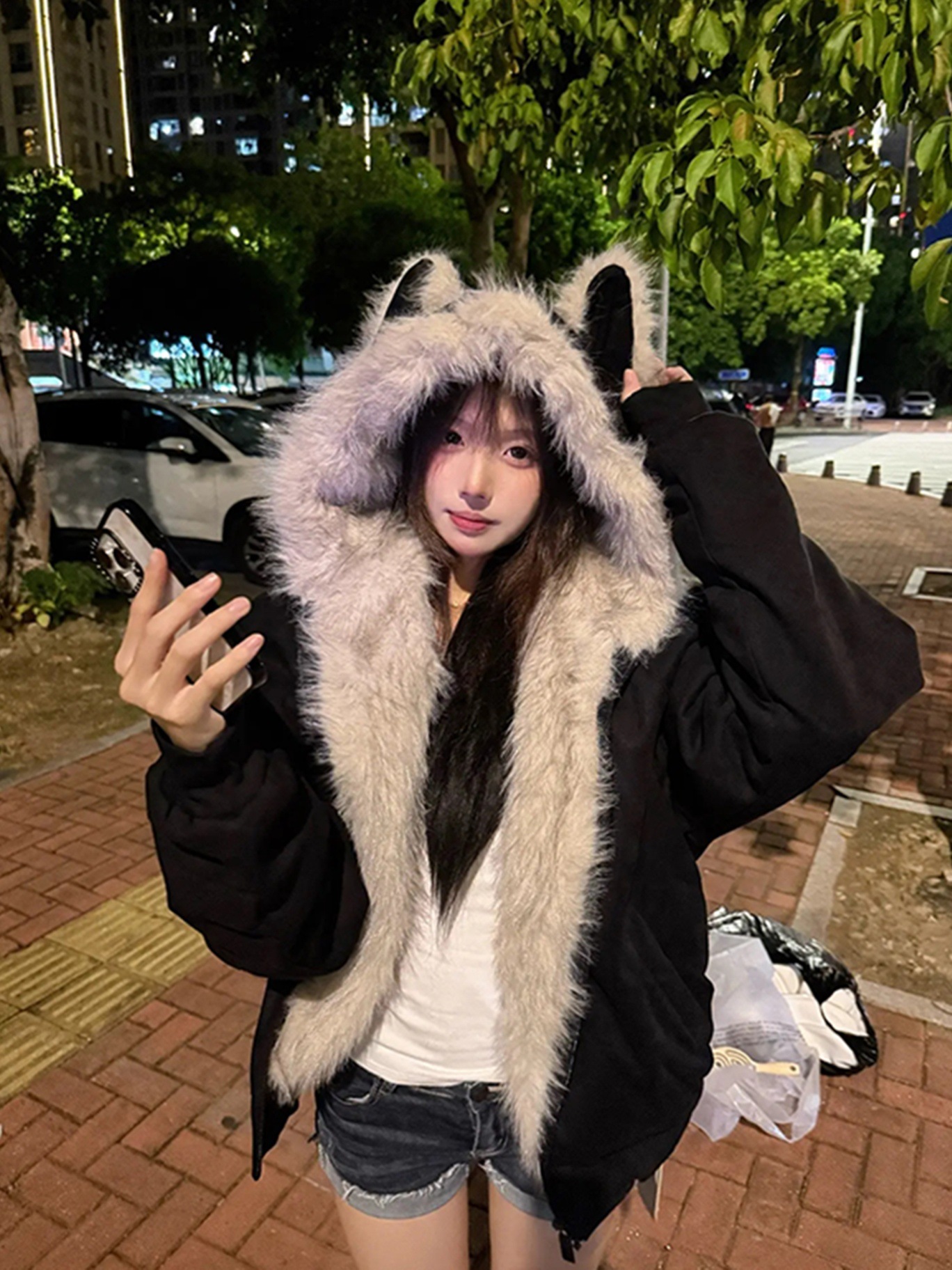 [Cross-Border Export Exclusive Supply, Millions of Ready-Made Goods] Furry Fur Collar Hooded Jacket Spring and Autum New American Street Style