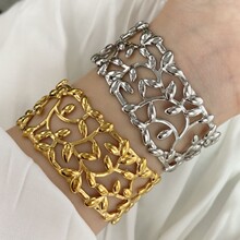 亚金欧美不锈钢T家字母镂空橄榄树叶手镯女士宽面树叶手镯配饰