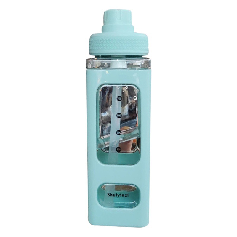 Venta al por mayor de paja cuadrada de plástico botella de agua deportiva de alto aspecto taza cuadrada de doble capa de mango conveniente hervidor de agua transfronterizo de comercio electrónico