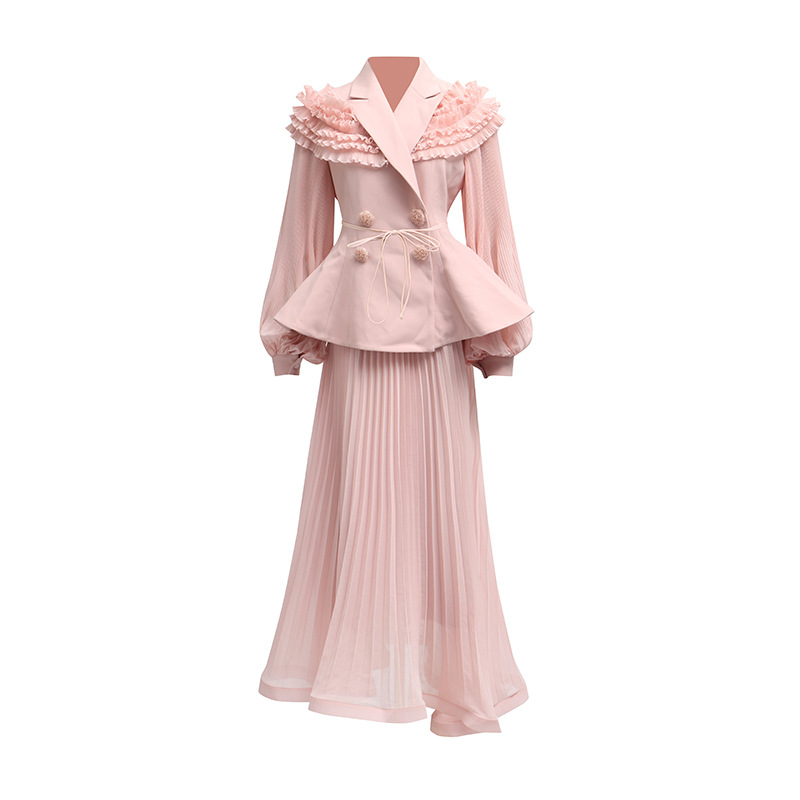 Elegantes Blusen-Set mit floralem Spitzenbesatz und hochgeschnittenem Rock – Langarm-Rüschendetails für Damen_voghion.com