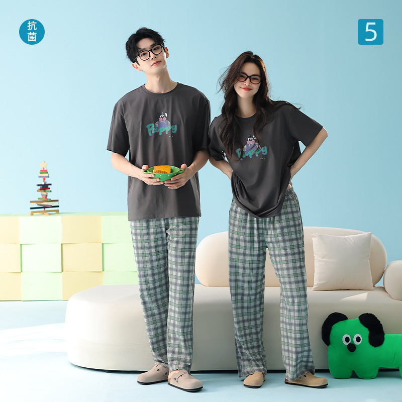 [Antibacterial Xinjiang Cotton] Class A Spring/Summer Pure Cotton Short-Sleeved Trousers Plaid Couple Pajamas Men's and Women's Simple Set