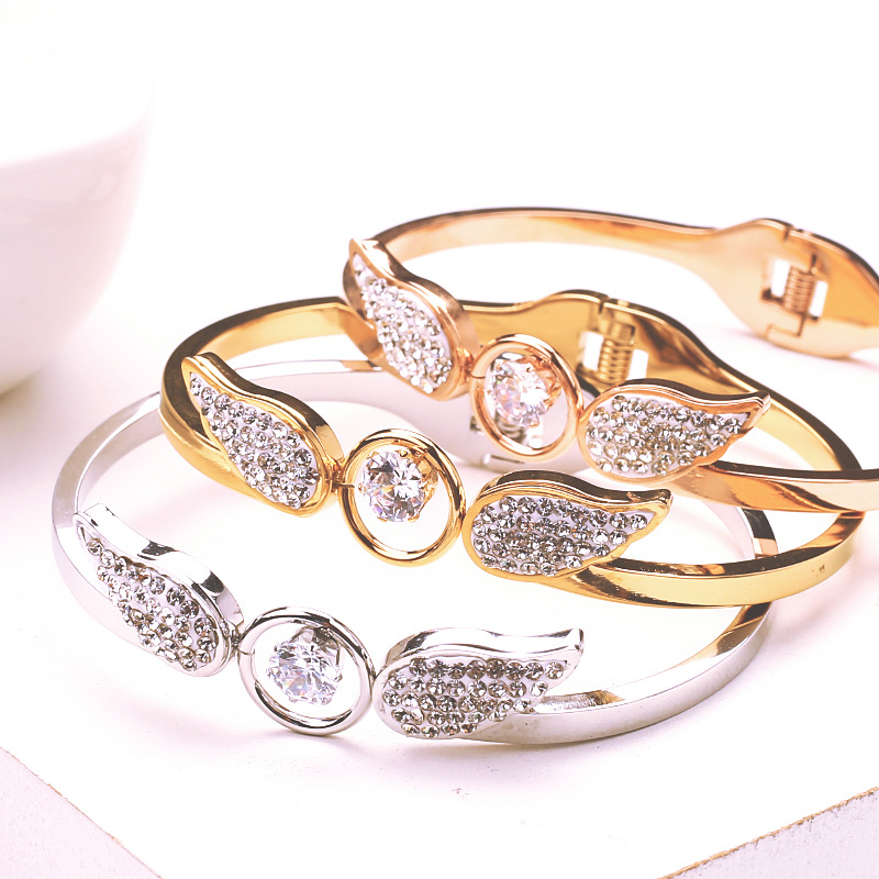 Titanium Steel Material Elegant Angel Wings Titanium Steel Inlay Zircon Bangle