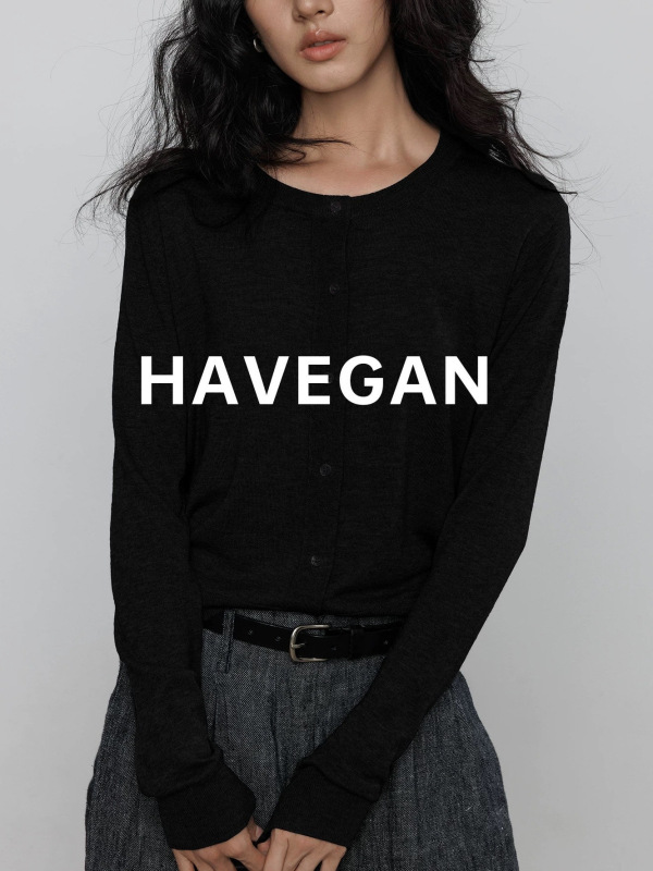 与间HAVEGAN/秋季圆领长袖针织开衫女薄款外穿宽松慵懒老钱风上衣|undefined