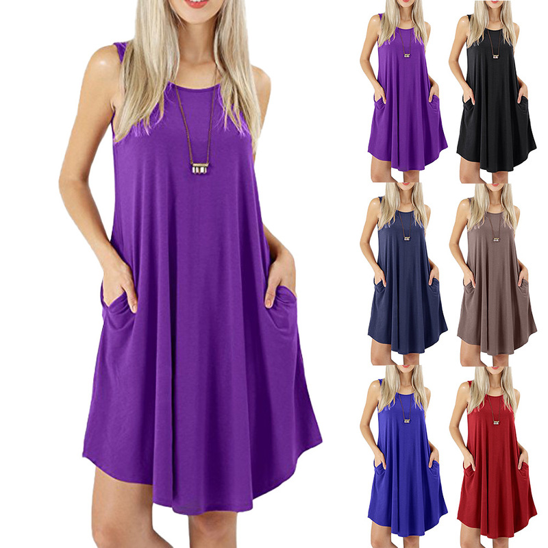 Amazon 2020 Summer European and American sleeveless pocket casual vest T-shirt big swing dress cross-border spot