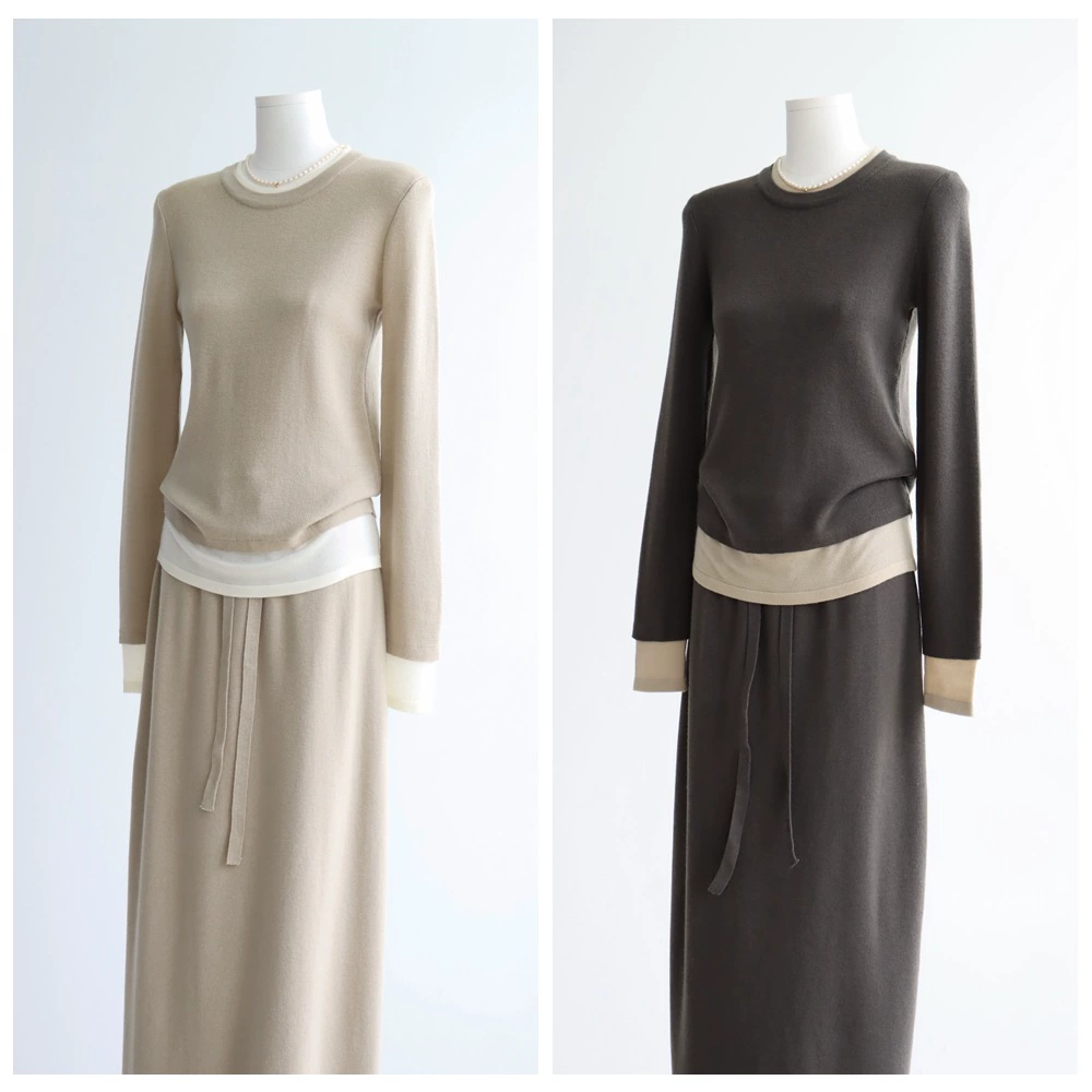 Контрастный трикотаж из двух частей из смешанной шерсти, Базовая рубашка с длинными рукавами, осенне-зимний женский модный пуловер