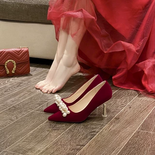 316-A89红色婚鞋女秀禾新娘高跟鞋主婚纱细跟珍珠不累脚大码单鞋
