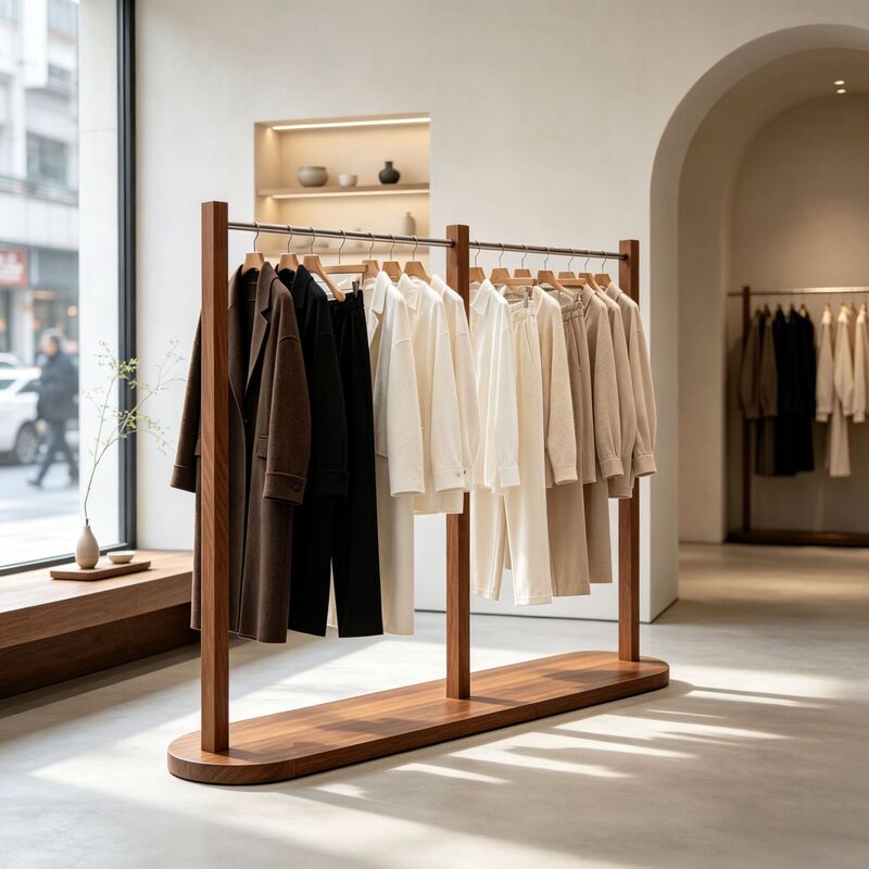 Clothing Store Display Rack, Floor-Standing Walnut-Colored Stainless Steel Island-Style Clothes Rack, Women's Clothing Store Central Display Shelf Props